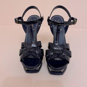 YVES SAINT LAURENT YSL TRIBUTE PLATFORM SANDALS NAVY BLUE PATENT LEATHER